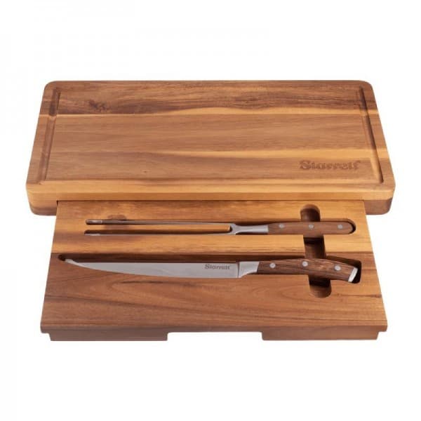 Starrett SKK-2WD - Professional 2 Piece Carving Knife & Fork Set with Chopping Board