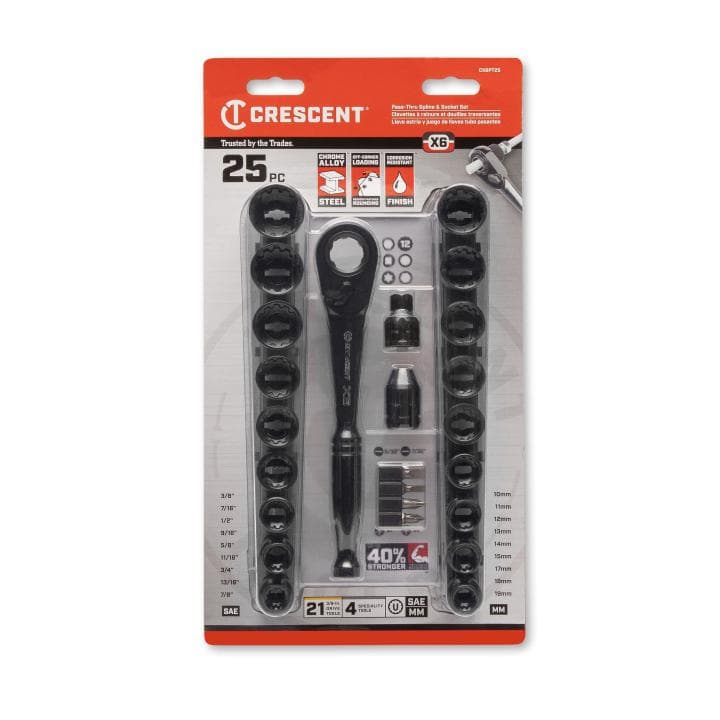 CRESCENT CX6PT25 25 Piece 3/8" Drive Pass-Thru™ X6™ Standard Spline Mechanics Tool Set