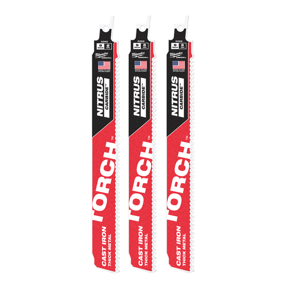 MILWAUKEE SAWZALL™ The TORCH™ with NITRUS CARBIDE™ Teeth 230mm 9" 8TPI Blade 3 Pack 48005362
