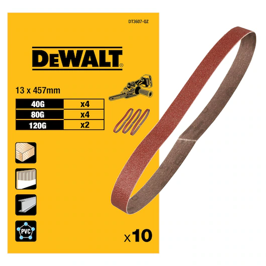 DEWALT DT3607-QZ 13mm x 457mm 40, 80, 120 Grit Band File Sanding Belt (10 Pk)